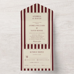 Invitación Todo En Uno Boda Retro con Bordes de Rayas de Marfil y Borgoña