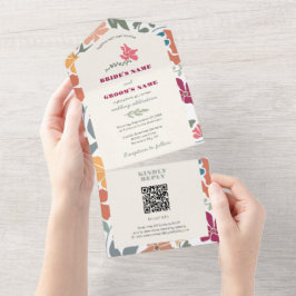 Invitación Todo En Uno Boda Retro de Época Media Floral Boho Chic