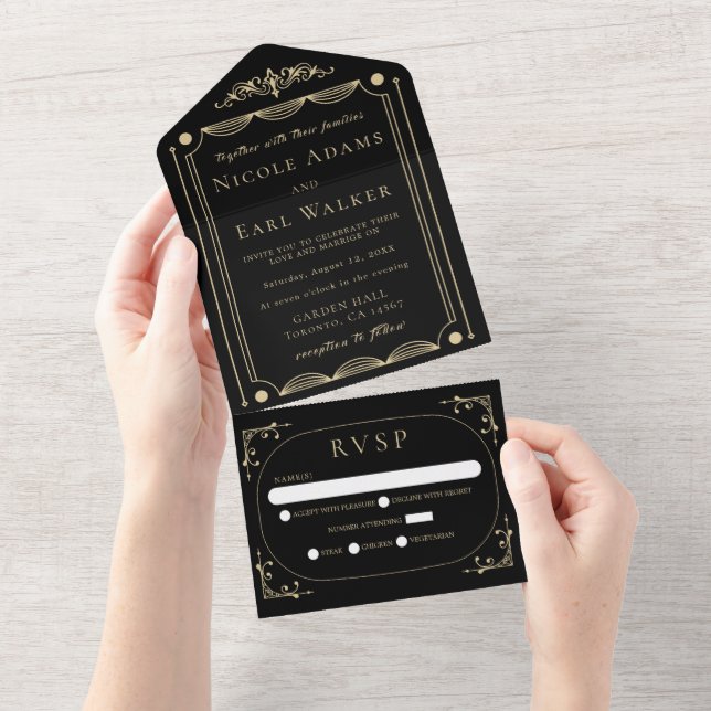 Invitación Todo En Uno Boda Retro de Oro de Deco Elegante Negro (desgarro)