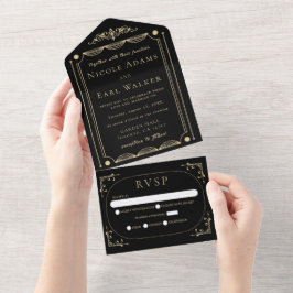 Invitación Todo En Uno Boda Retro de Oro de Deco Elegante Negro
