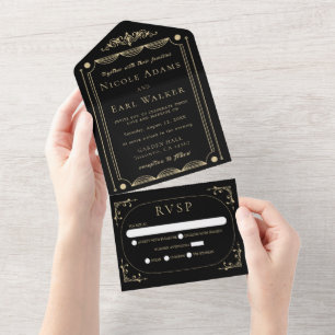 Invitación Todo En Uno Boda Retro de Oro de Deco Elegante Negro