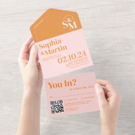 Invitación Todo En Uno Boda Retro de Verano con Foto en Rosa y Naranja