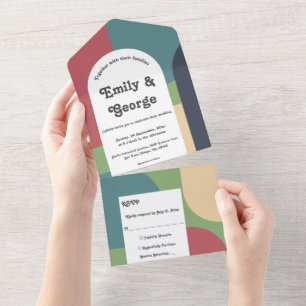 Invitación Todo En Uno Boda retro Groovy colorido moderno Resumen Moda re