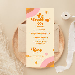 Invitación Todo En Uno Boda Retro Groovy de Ola de Oro y Rosa