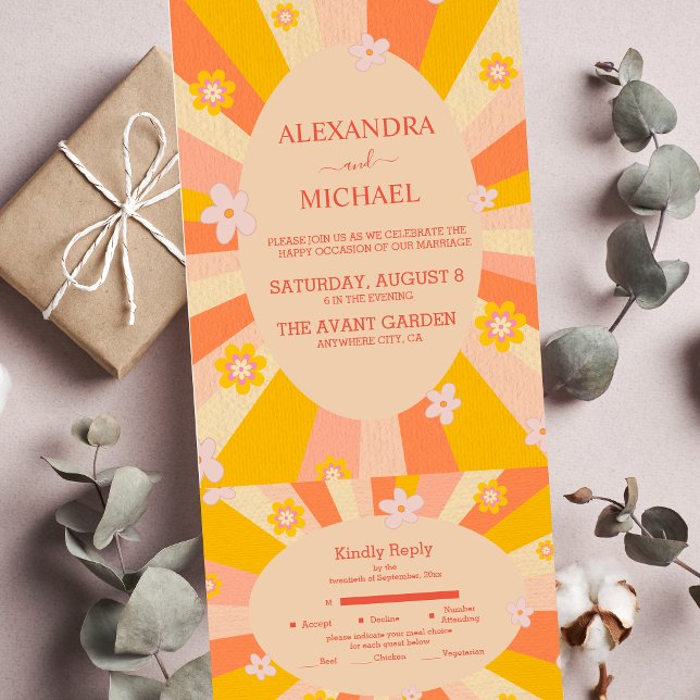 Invitación Todo En Uno Boda retro groovy tema años 70 naranja amarillo (Subido por el creador)