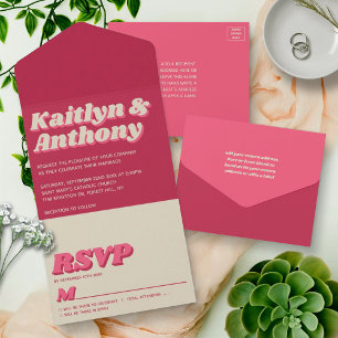 Invitación Todo En Uno Boda Retro Groovy Viva Magenta de los 70