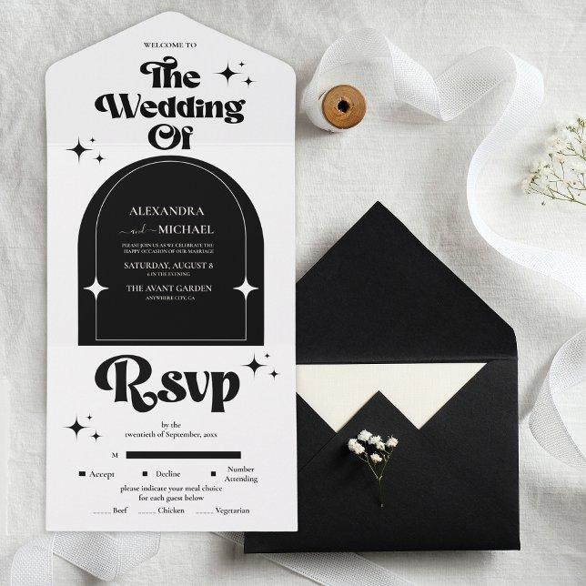Invitación Todo En Uno Boda retro mínimo negro y blanco todo en (Subido por el creador)