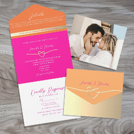 Invitación Todo En Uno Boda Retro Naranja Rosa