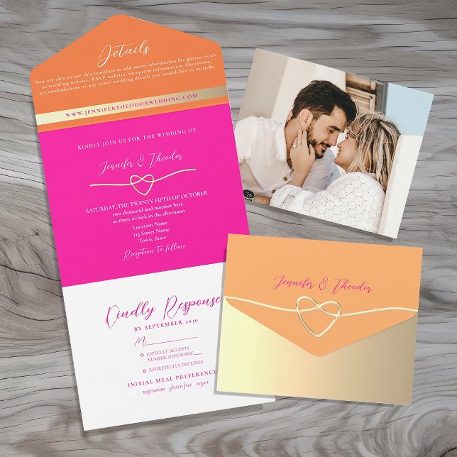 Invitación Todo En Uno Boda Retro Naranja Rosa (Subido por el creador)