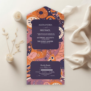 Invitación Todo En Uno Boda retro naranja rubor rosa púrpura groovy