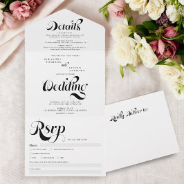 Invitación Todo En Uno Boda retro simple de escritura blanca negra elegan