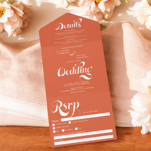 Invitación Todo En Uno Boda retro simple naranja de moda de guiones blanc