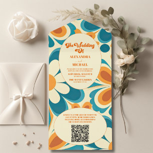Invitación Todo En Uno Boda retro único groovy colorido de código QR