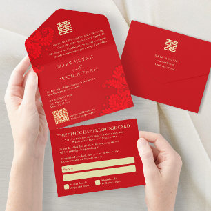 Invitación Todo En Uno Boda Roja Bilingüe Vietnamita Inglés