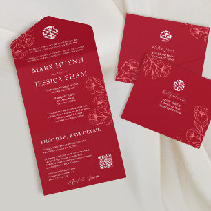 Invitación Todo En Uno Boda Roja Bilingüe Vietnamita Inglés