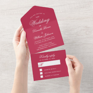 Invitación Todo En Uno Boda Roja Magenta Simple Elegante Script RSVP