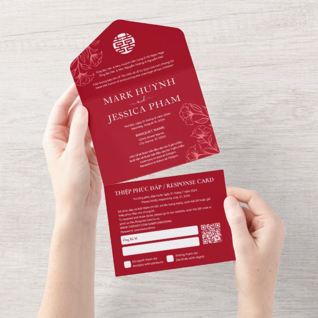 Invitación Todo En Uno Boda rojo bilingüe vietnamita inglés (desgarro)