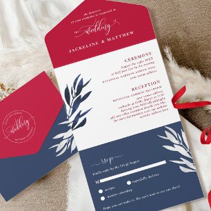 Invitación Todo En Uno Boda rojo blanco y azul con RSVP Al