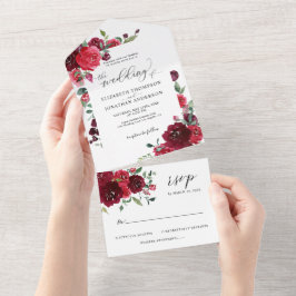 Invitación Todo En Uno Boda Rojo de Vino Rosa Profundo Detalles RSVP