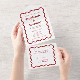 Invitación Todo En Uno Boda rojo oscuro del borde ondulado del retro de l