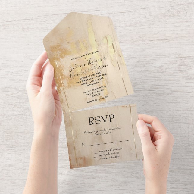 Invitación Todo En Uno Boda Romantic Gold Cream (desgarro)