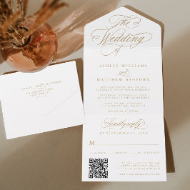 Invitación Todo En Uno Boda Romántica Caligrafía Giratoria Dorada