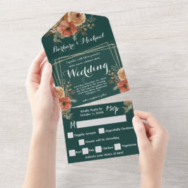 Invitación Todo En Uno Boda Romántica con Floral Verde Oscuro y Dorado
