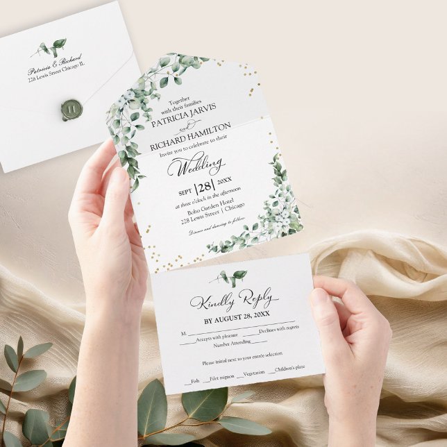 Invitación Todo En Uno Boda Romántica con Verde de Eucalipto (Subido por el creador)