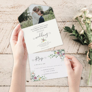 Invitación Todo En Uno Boda Romántica de Acuarela Floral Verde