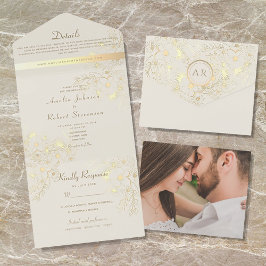 Invitación Todo En Uno Boda Romántica Floral Champán Dorado