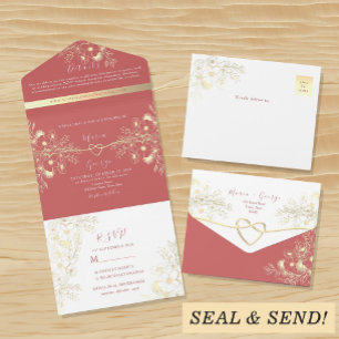 Invitación Todo En Uno Boda Romántica Floral Coral