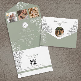 Invitación Todo En Uno Boda Romántica Floral Verde Salvia