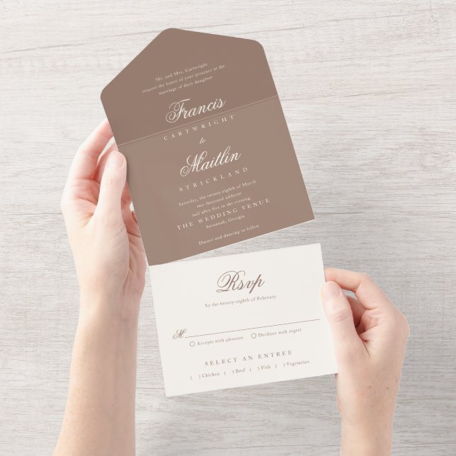 Invitación Todo En Uno Boda Romántica Marrón Elegante (desgarro)
