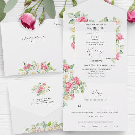 Invitación Todo En Uno Boda Romántica Rosas de Acuarela Rosa Rubor/Marfil