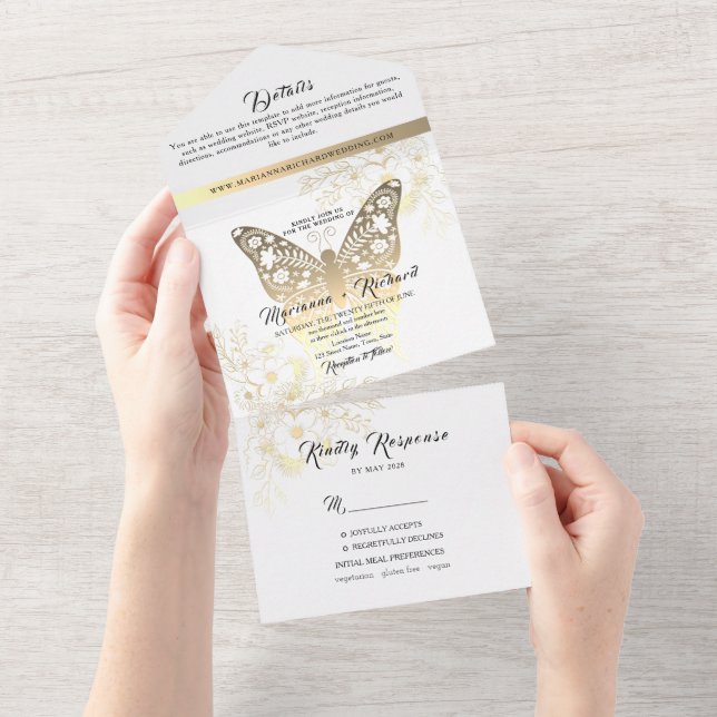 Invitación Todo En Uno Boda Romántico Boho Gold (desgarro)