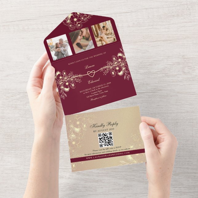 Invitación Todo En Uno Boda romántico de borgoña (desgarro)