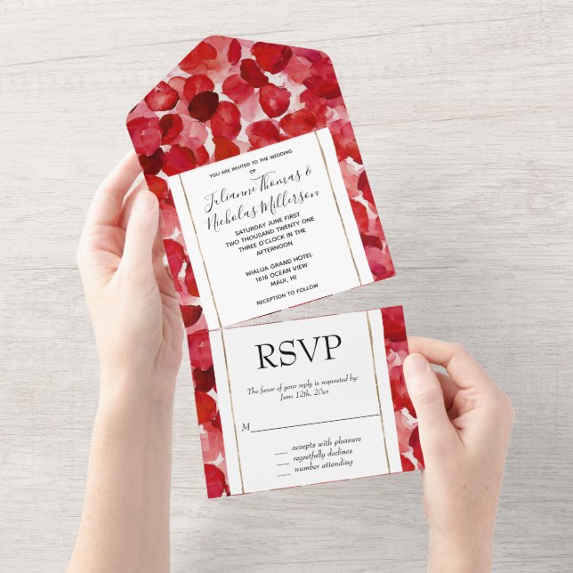 Invitación Todo En Uno Boda Romántico de Petales de Rosa Rojo (desgarro)