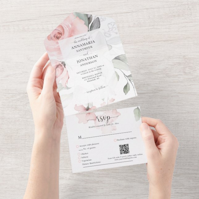 Invitación Todo En Uno Boda Romántico Delicado de rosas Blancas Blancas (desgarro)