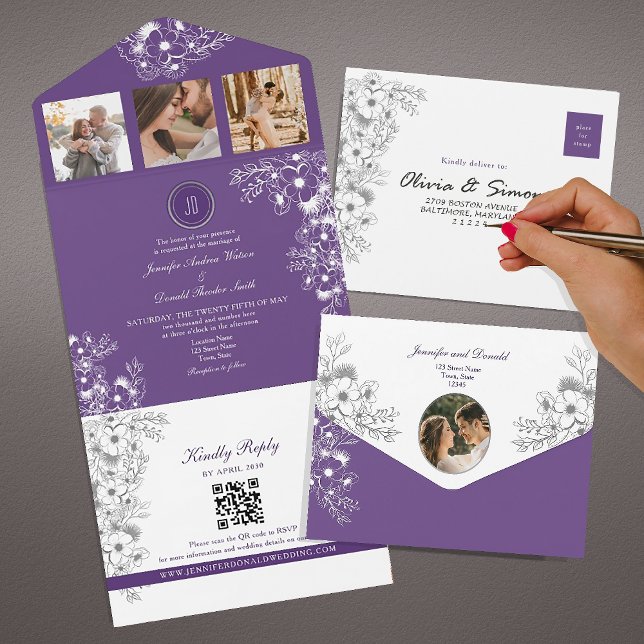 Invitación Todo En Uno Boda romántico morado floral (Subido por el creador)