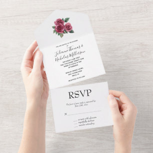 Invitación Todo En Uno Boda Romántico Rojo Floral