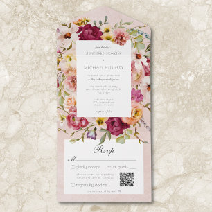 Invitación Todo En Uno Boda rosa amarillo pálido floral rosado QR