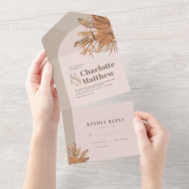 Invitación Todo En Uno Boda Rosa Boho Pampas (desgarro)