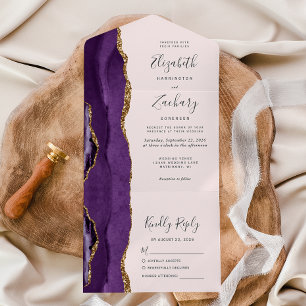Invitación Todo En Uno Boda Rosa Claro Ágata Oro Púrpura