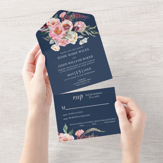 Invitación Todo En Uno Boda rosa de Rubor floral de la marina (desgarro)