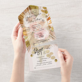 Invitación Todo En Uno Boda rosa del arco floral del Boho tropical Rubor