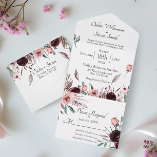 Invitación Todo En Uno Boda Rosa Desposada y Floral Aguamarina Burgundy 