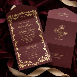 Invitación Todo En Uno Boda Rosa Dorada Borgoña Real