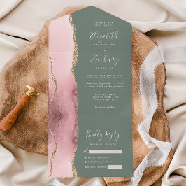 Invitación Todo En Uno Boda Rosa Dorado Ágata Verde Salvia