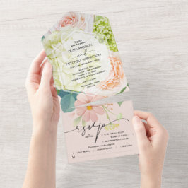 Invitación Todo En Uno Boda rosa floral acuarela