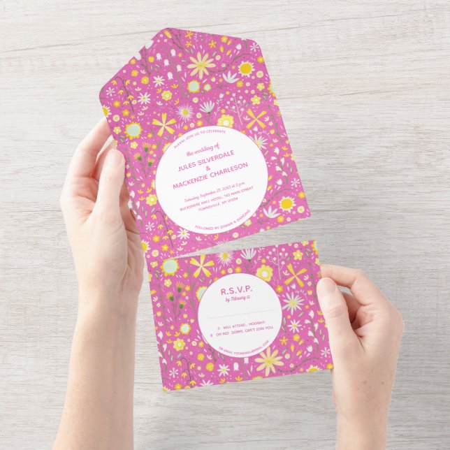 Invitación Todo En Uno Boda rosa floral moderno (desgarro)